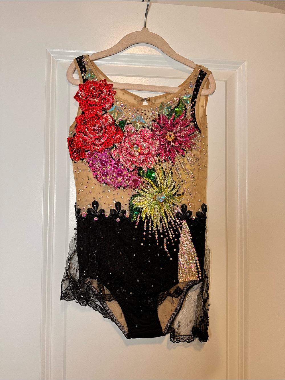 Embellished Floral Competition Leotard in Nude & Black